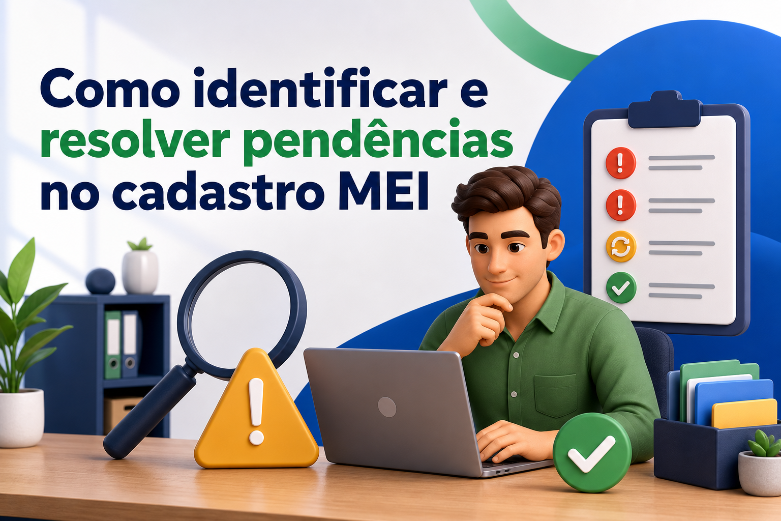 Um homem com cabelo castanho e camisa verde está sentado em frente a um laptop, pensativo. Ao lado, há uma lupa, um triângulo amarelo com um ponto de exclamação e uma prancheta com ícones de alerta e verificação.