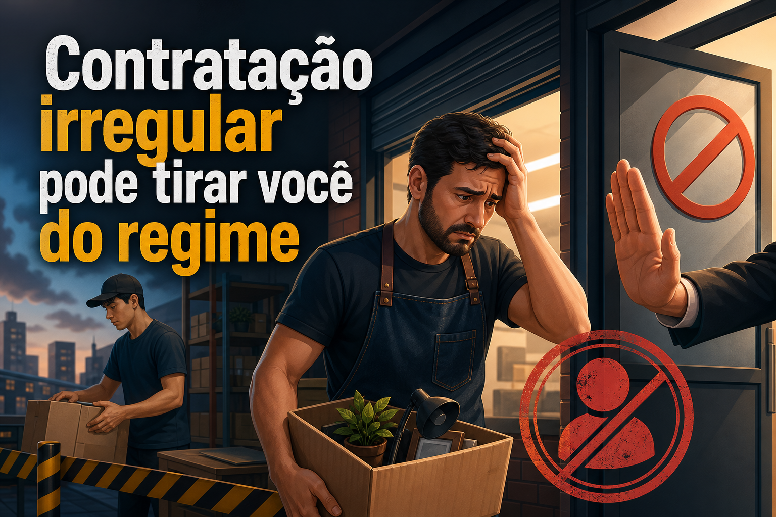 Um homem com expressão preocupada segura uma caixa com objetos, incluindo uma planta e uma caneta, enquanto um outro homem, vestido formalmente, faz um gesto de parada.