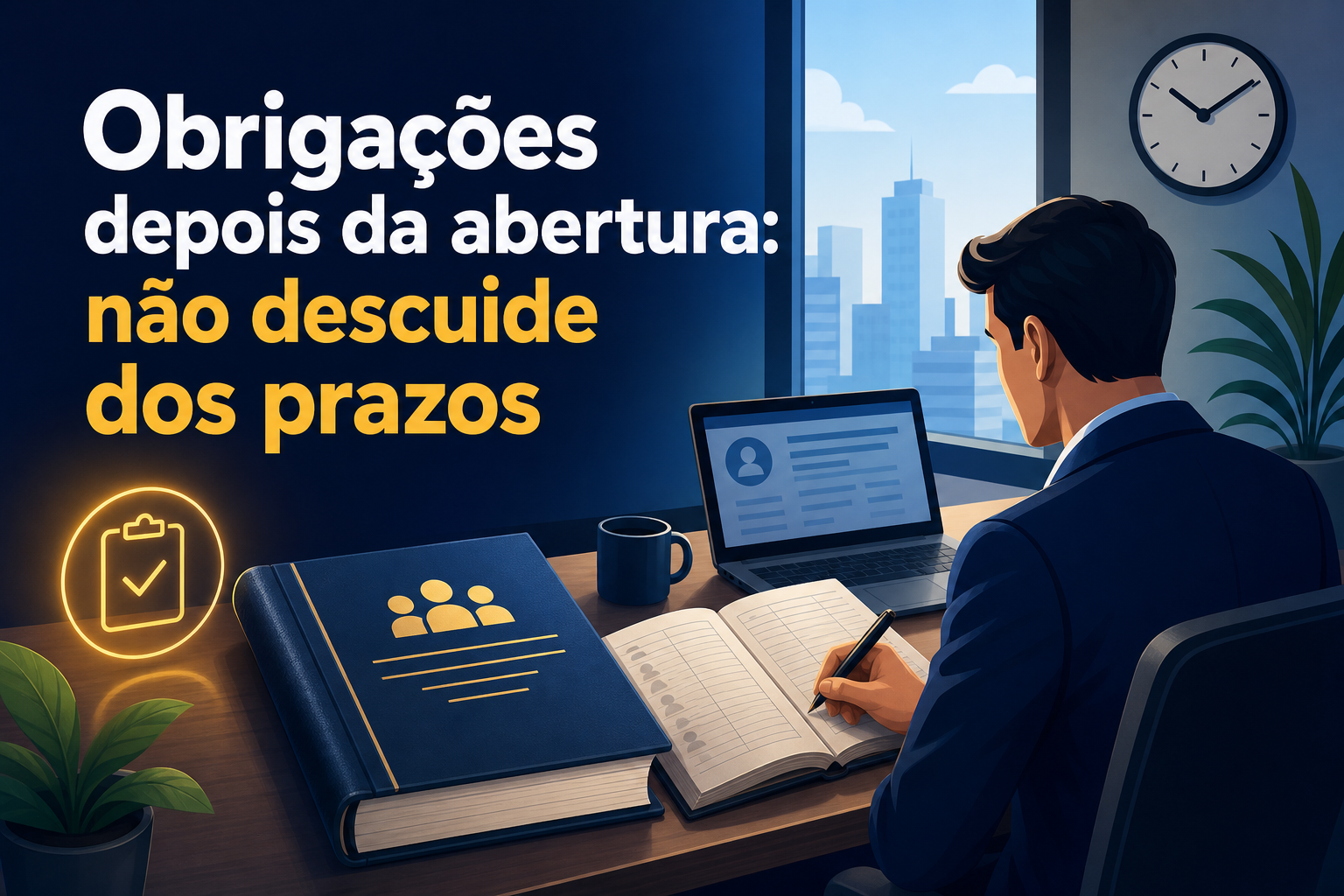 Um homem de terno está sentado em uma mesa de escritório, escrevendo em um caderno aberto.