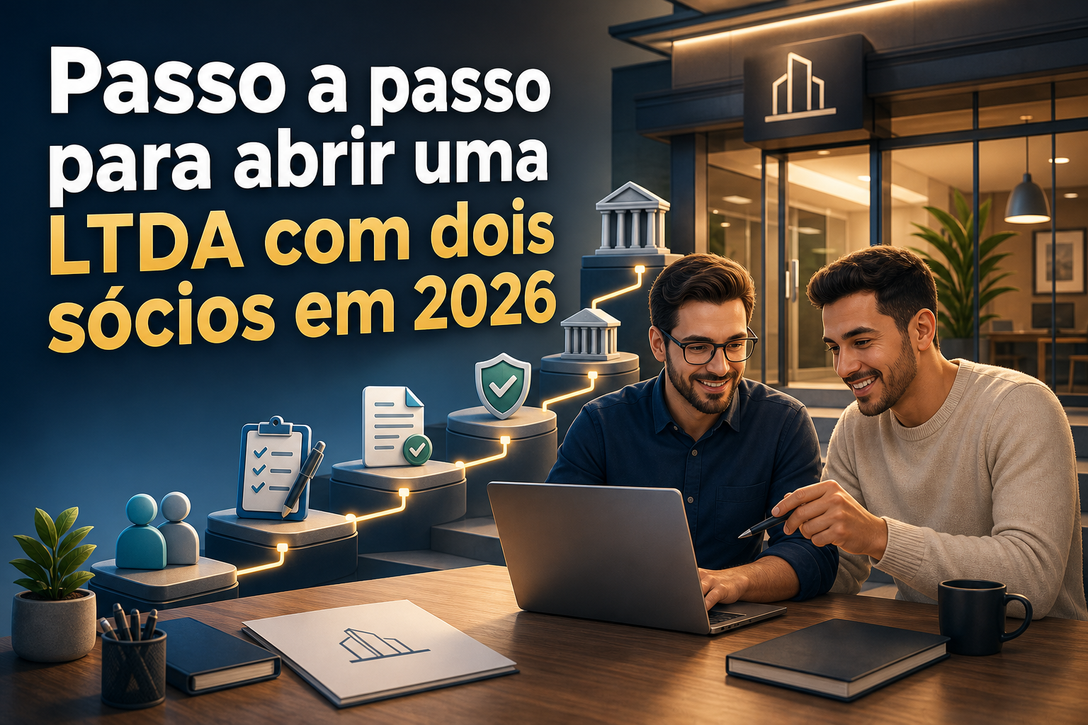 Dois homens sorrindo, um usando óculos, trabalham juntos em um laptop sobre uma mesa. Ao fundo, há uma representação gráfica de etapas para abrir uma LTDA, com ícones de documentos e símbolos de aprovação.