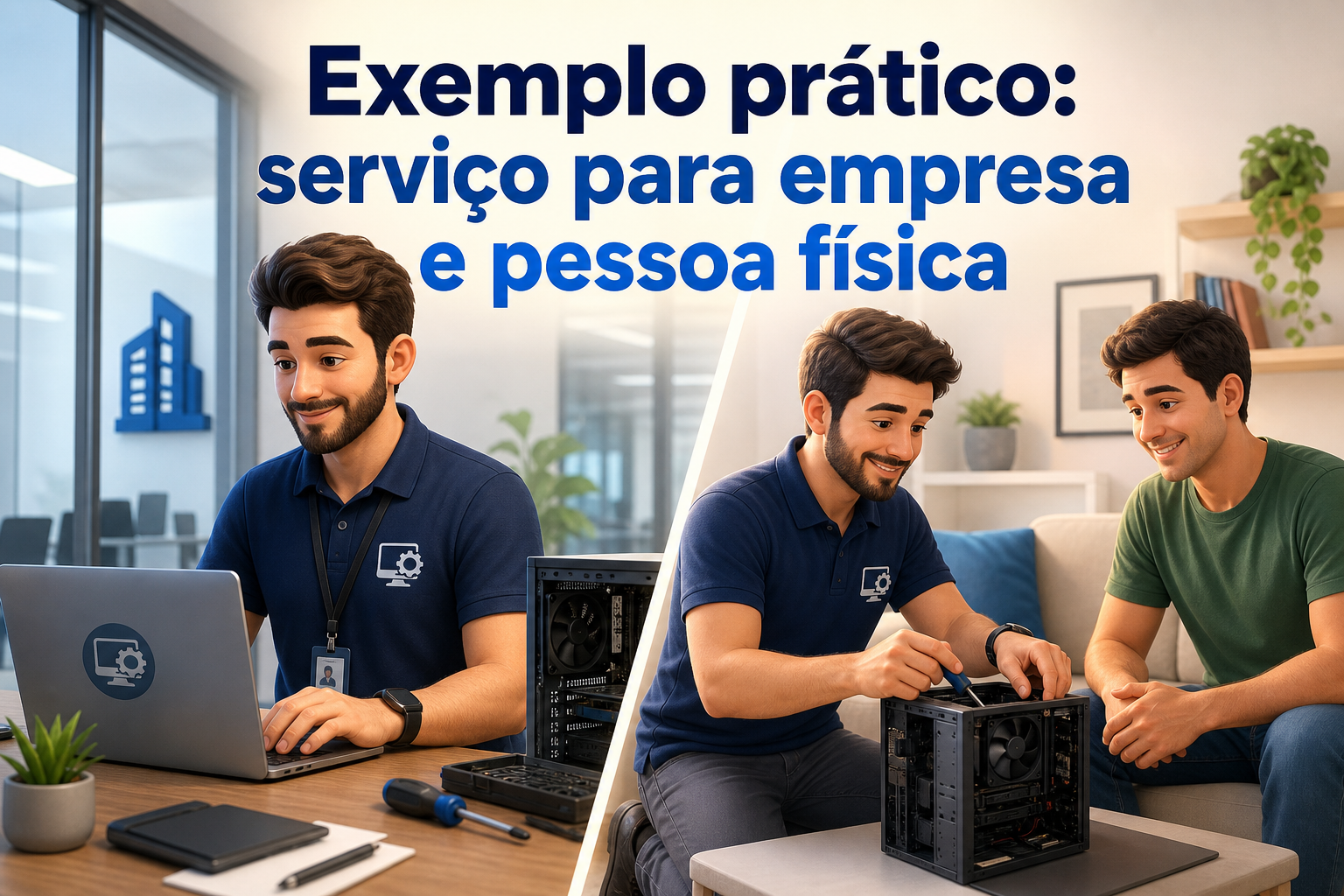 Dois homens estão em ambientes diferentes: um está em uma mesa de escritório usando um laptop, enquanto o outro está sentado em um sofá, observando o primeiro enquanto ele trabalha em um computador desmontado.