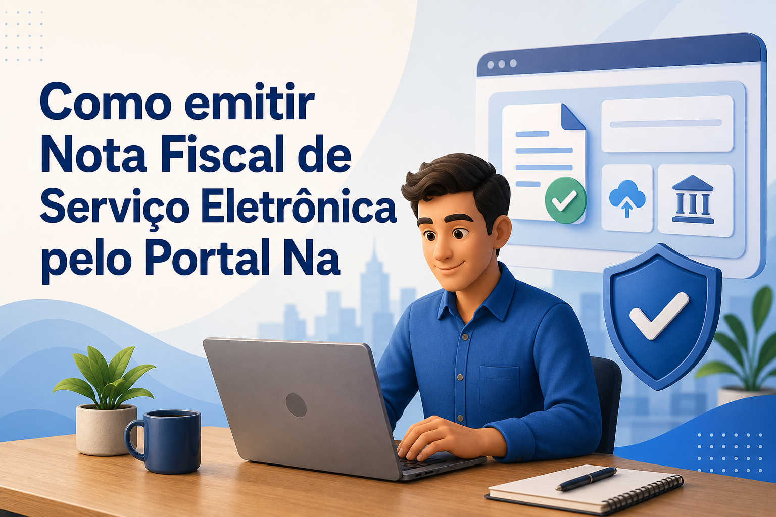 Um homem com cabelo castanho e camisa azul está sentado em frente a um laptop, sorrindo enquanto trabalha.