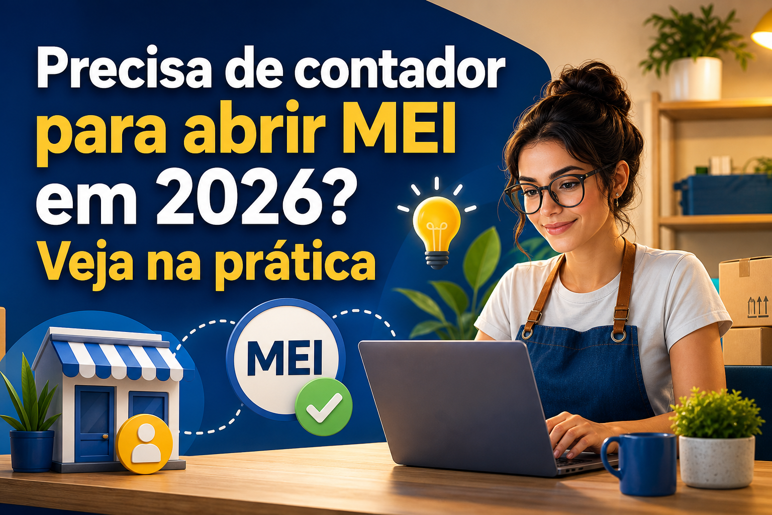 Imagem com uma mulher usando um laptop em uma mesa, vestindo um avental, sorrindo enquanto trabalha. Ao fundo, há uma planta, caixas e elementos gráficos que destacam a pergunta sobre a necessidade de contador para abrir MEI em 2026.