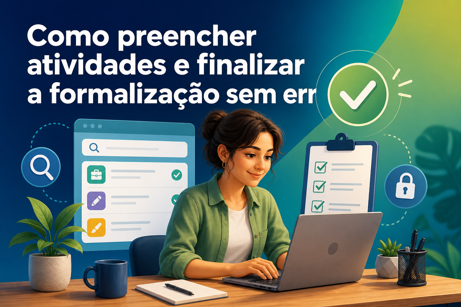 Uma mulher sentada em frente a um laptop, concentrada em preencher atividades. Ao fundo, ícones de checklist e segurança, com o título "Como preencher atividades e finalizar a formalização sem erros" em destaque.