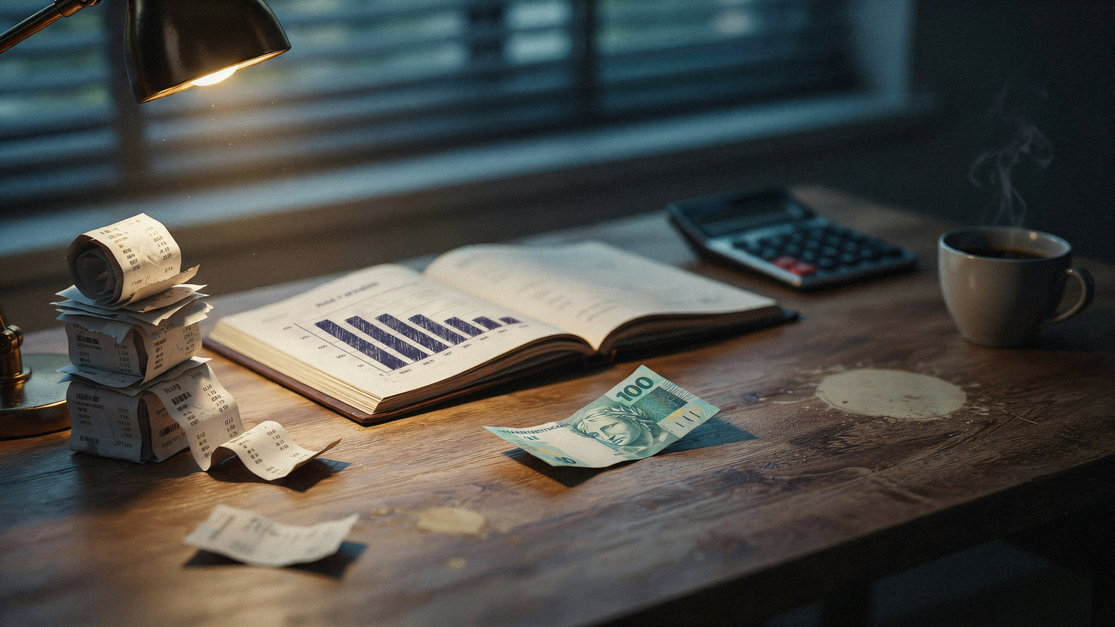 Uma mesa de madeira com uma lâmpada acesa, um livro aberto com gráficos, uma calculadora, um copo de café e notas de dinheiro. Há também pilhas de recibos espalhadas sobre a mesa.