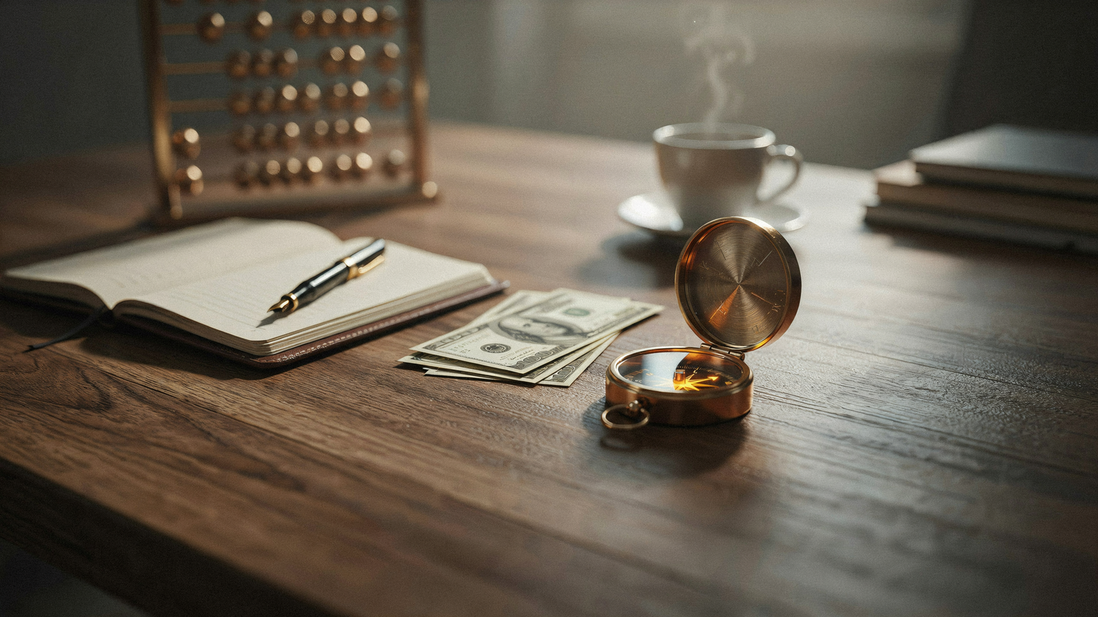 Uma mesa de madeira com um caderno aberto e uma caneta ao lado. Há também notas de dinheiro, uma bússola dourada e uma xícara com vapor, sugerindo um ambiente de trabalho focado em finanças.
