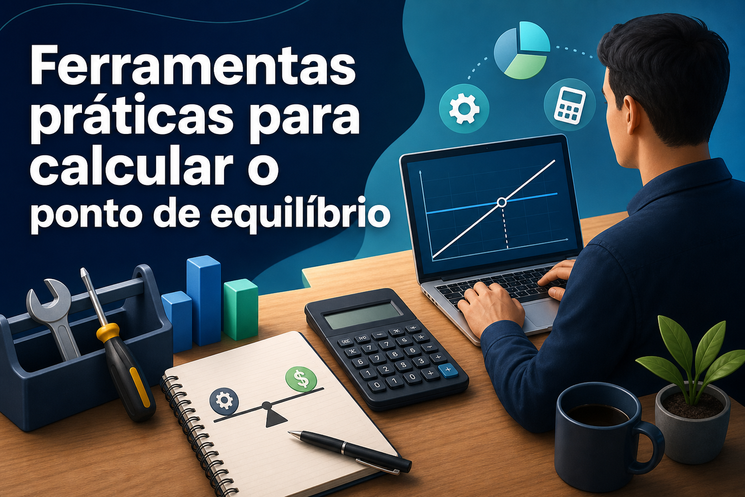 Uma pessoa está sentada em uma mesa usando um laptop, onde aparece um gráfico. Ao lado, há uma calculadora, um caderno com um desenho de balança, ferramentas e uma planta em um vaso.
