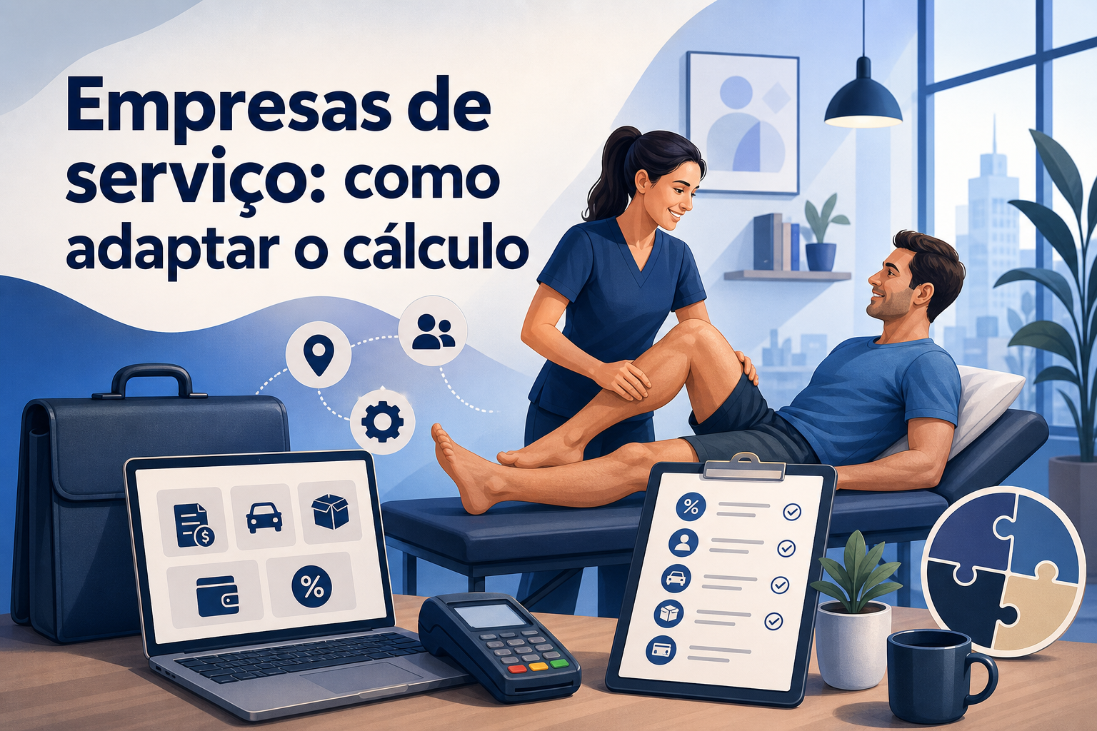 Uma mulher em uniforme de saúde está examinando a perna de um homem sentado em um sofá. Em uma mesa próxima, há um laptop, um tablet, um terminal de pagamento e uma pasta, com um fundo de janelas que mostram uma cidade.