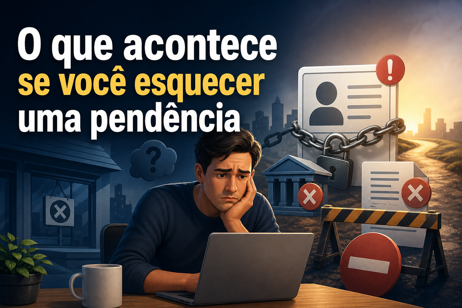 Um homem está sentado em frente a um laptop, com expressão preocupada. Ao fundo, há ícones que representam pendências, como documentos, um banco e sinais de alerta.