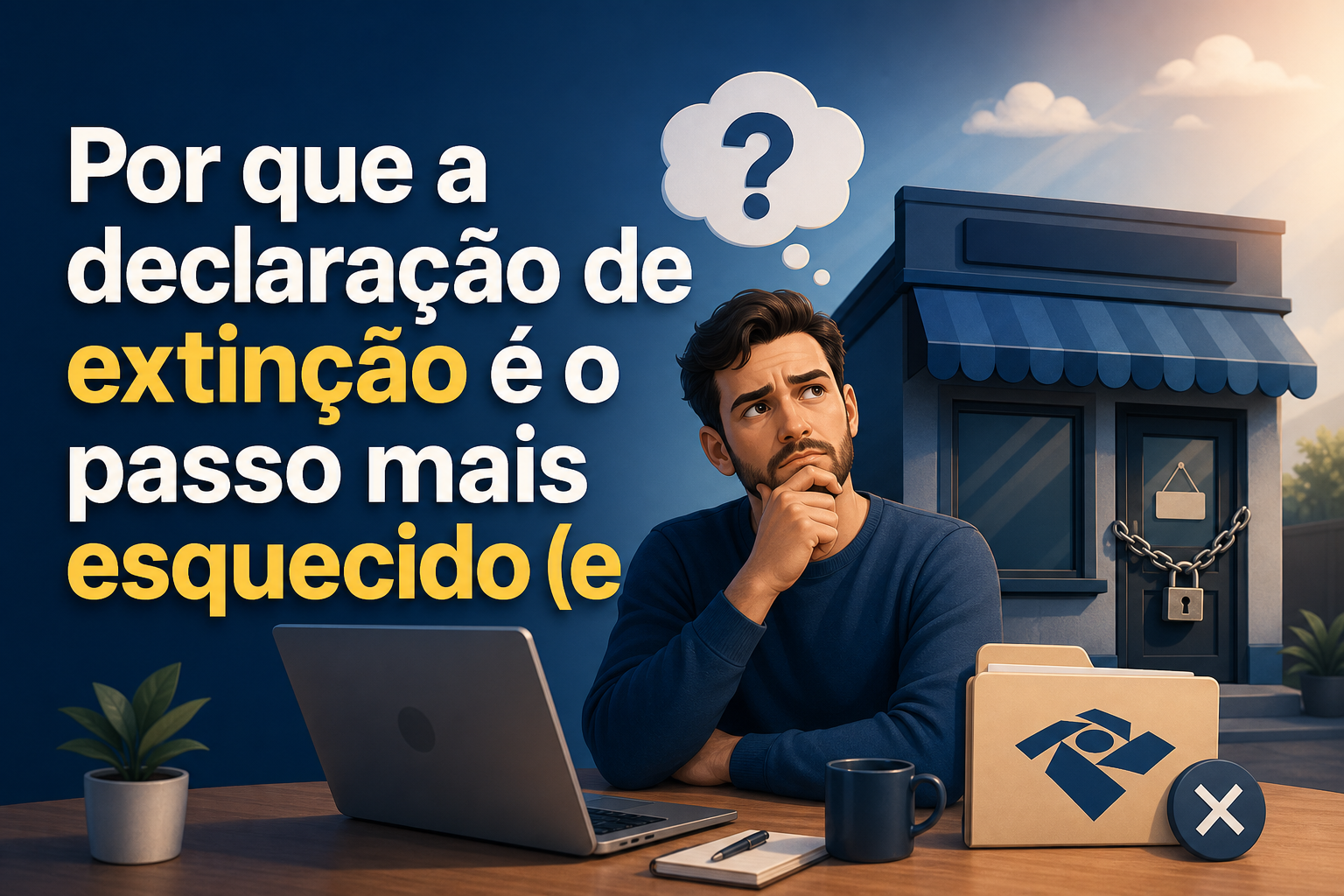 Um homem pensativo está sentado em frente a um laptop, com uma caneca e pastas ao seu lado. Ao fundo, há uma loja fechada com uma corrente na porta e um céu claro.