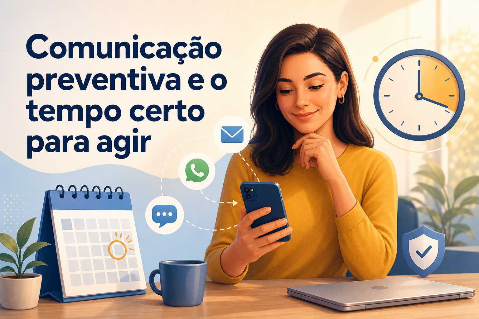 Uma mulher com cabelo solto e blusa amarela olha para um celular, enquanto ícones de comunicação flutuam ao seu redor. Ao fundo, há um calendário em pé, uma xícara de café e um relógio, simbolizando organização e tempo.