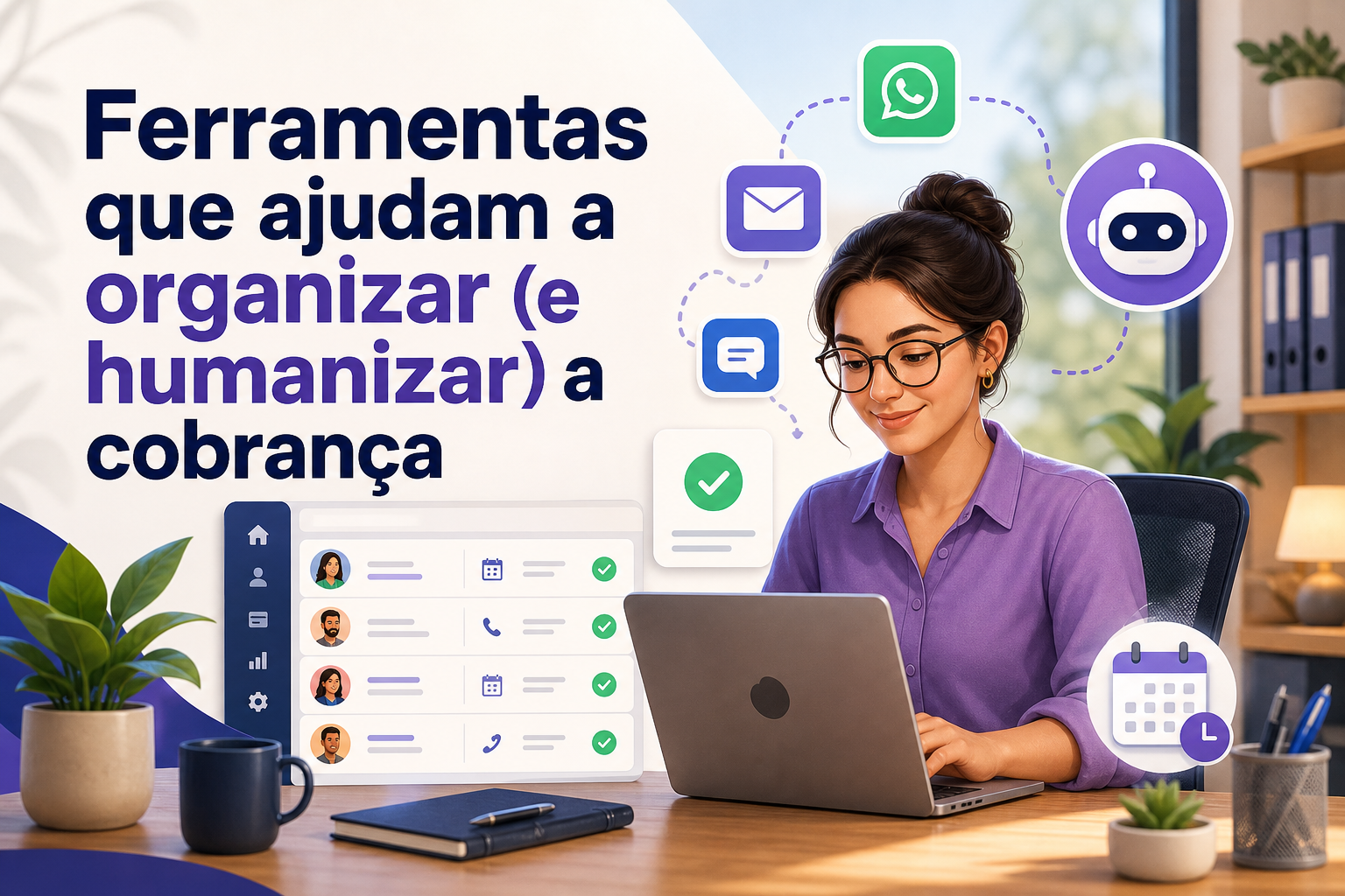 Uma mulher com óculos, vestindo uma blusa roxa, está sentada em uma mesa usando um laptop. Ícones de aplicativos de comunicação estão flutuando ao redor dela, sugerindo ferramentas para organizar cobranças.