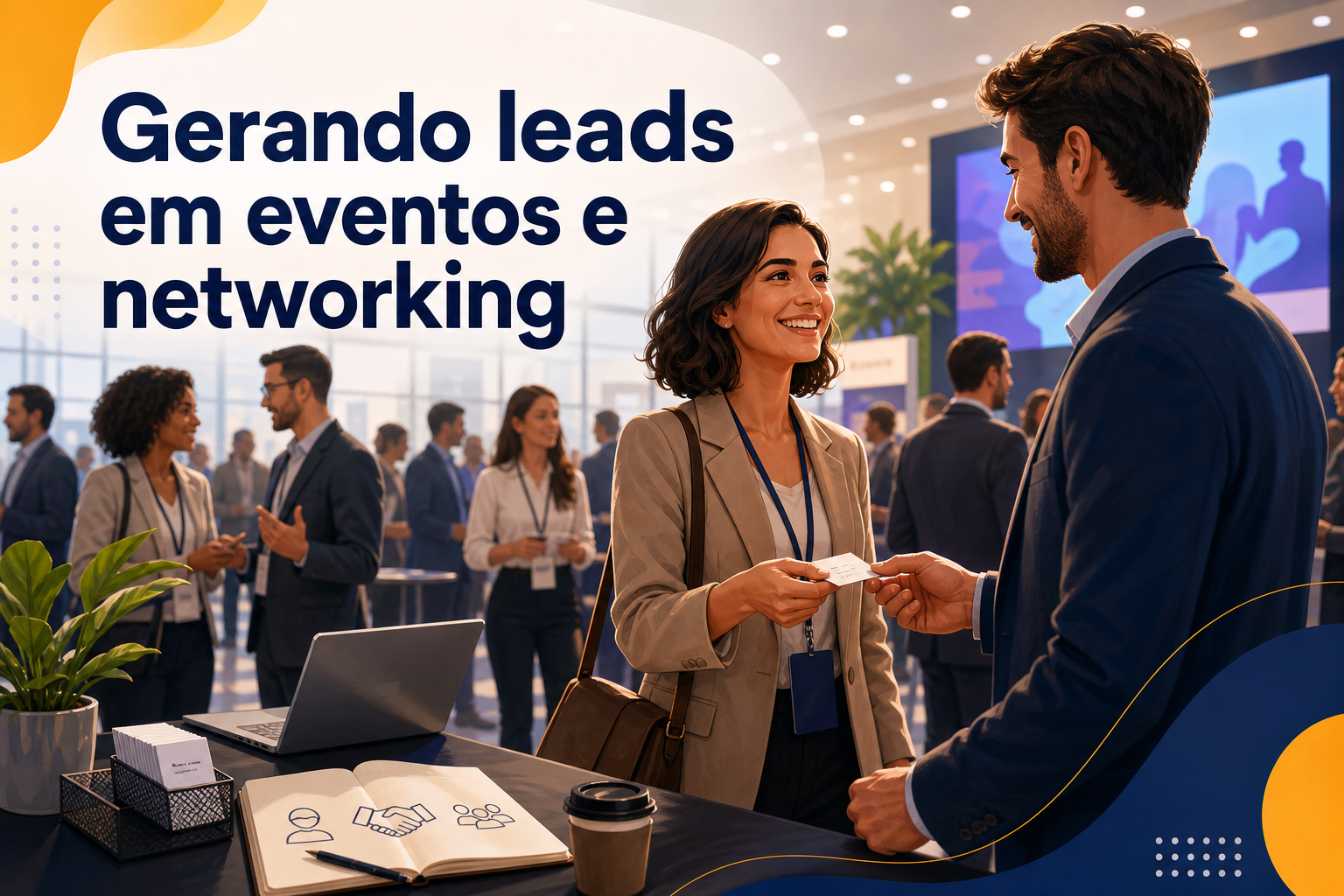 Uma mulher sorridente entrega um cartão de visita a um homem em um ambiente de evento de networking. Ao fundo, várias pessoas conversam e há mesas com materiais de apresentação.