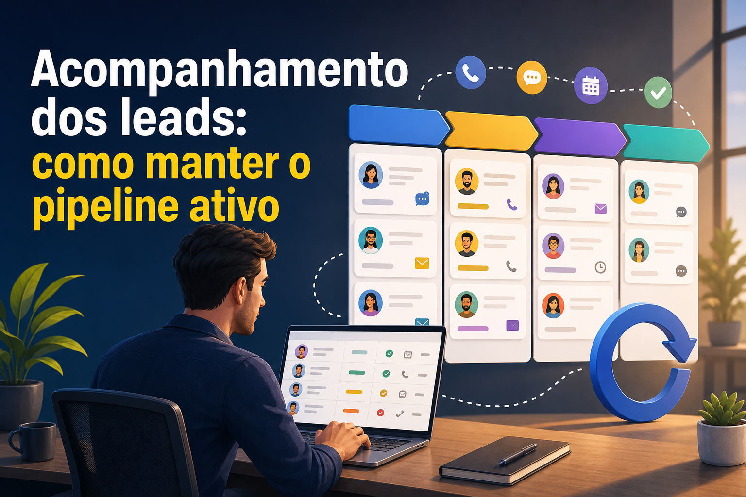 Um homem está sentado em frente a um laptop, observando um painel com perfis de leads. O fundo é um ambiente de escritório iluminado, com plantas e um símbolo de atualização em destaque.