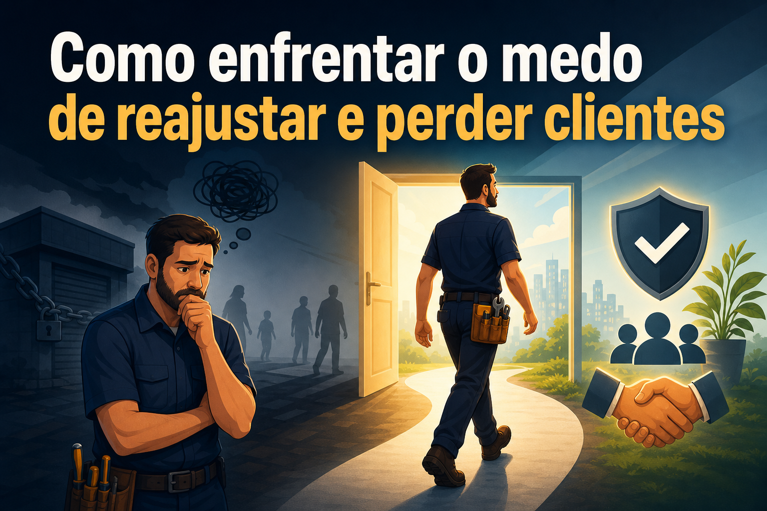 Um homem pensativo, vestido com uniforme, está em um ambiente escuro, olhando para uma porta aberta que leva a um cenário iluminado. Ícones de segurança e colaboração estão presentes ao lado da porta, simbolizando superação de desafios.
