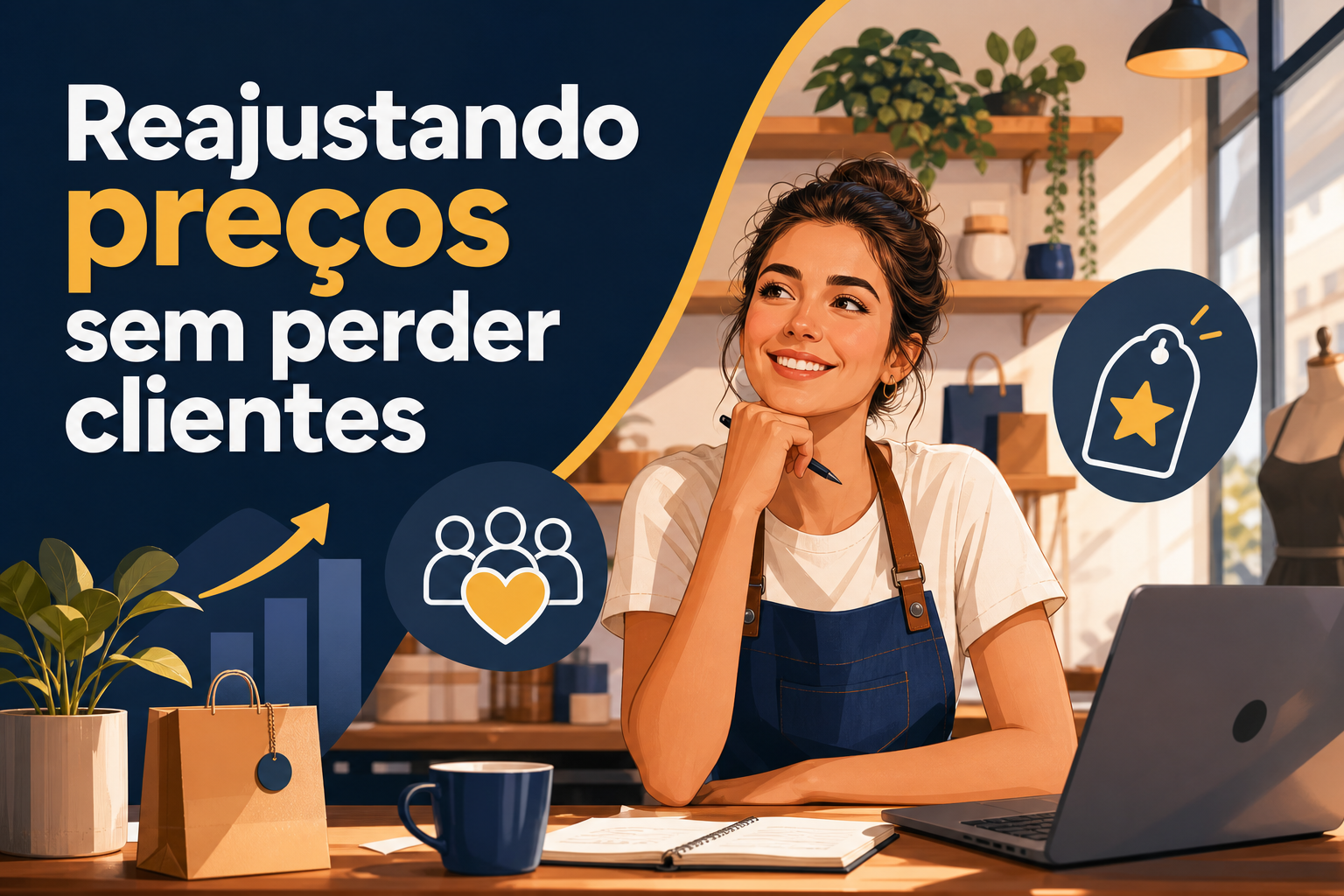 Imagem de uma mulher sorridente, com cabelo preso, usando um avental, sentada em uma mesa com um laptop e caderno. Ao fundo, há prateleiras com plantas e sacolas, e o texto "Reajustando preços sem perder clientes" em destaque.