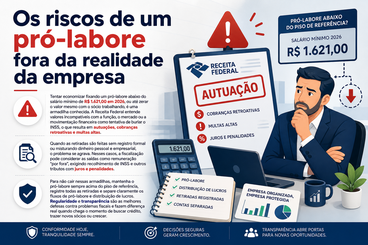 Imagem com um homem pensativo em um ambiente de escritório, ao lado de uma mesa com um computador, calculadora e uma caneca. Um aviso de alerta e um quadro com informações sobre riscos de pró-labore estão visíveis, destacando valores e consequências.