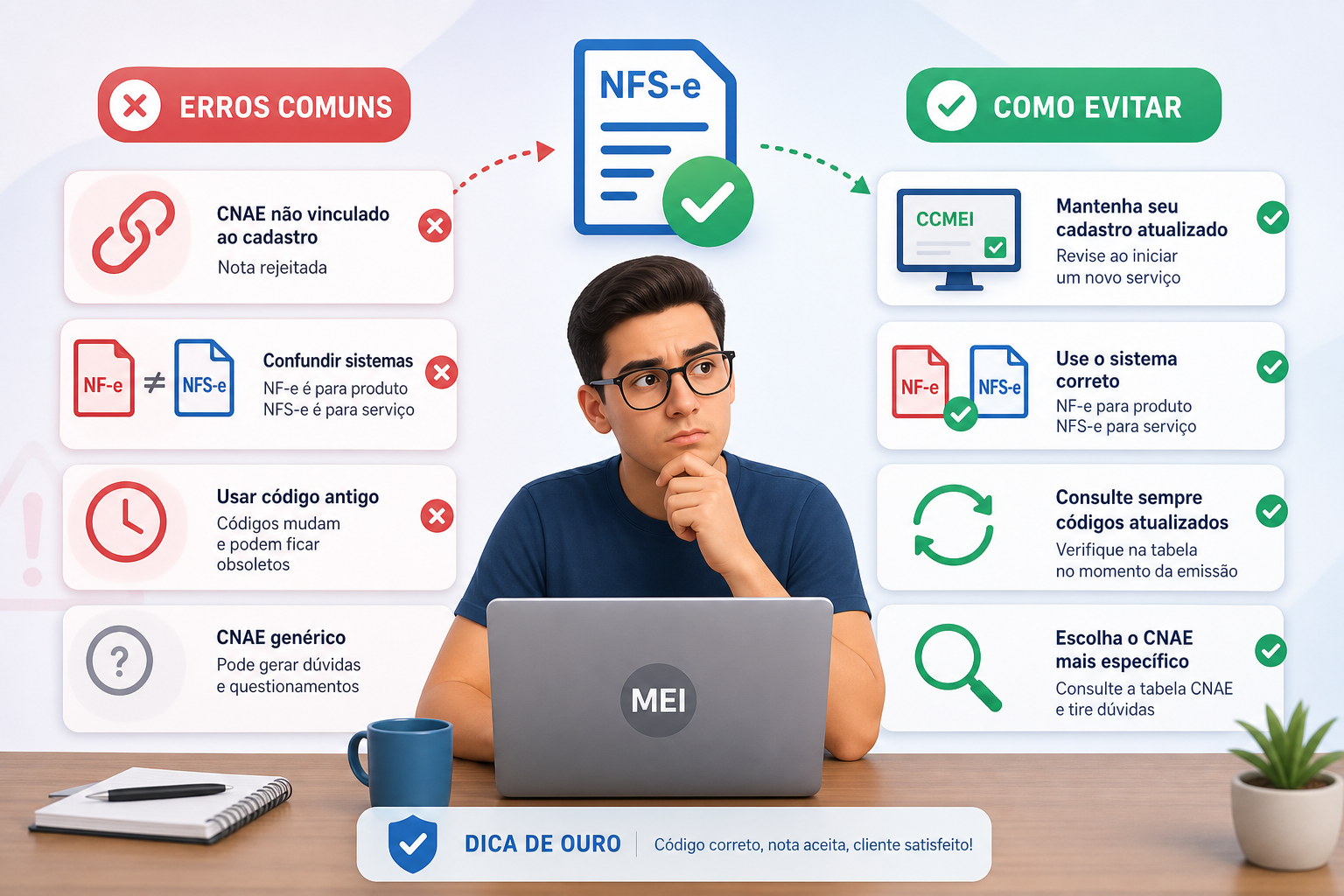 Texto em um fundo branco que fala sobre erros comuns com CNAE e como evitá-los, com dicas sobre a atualização de cadastro, emissão de notas fiscais e a importância de usar códigos específicos. A imagem é informativa e educativa, voltada para microemp