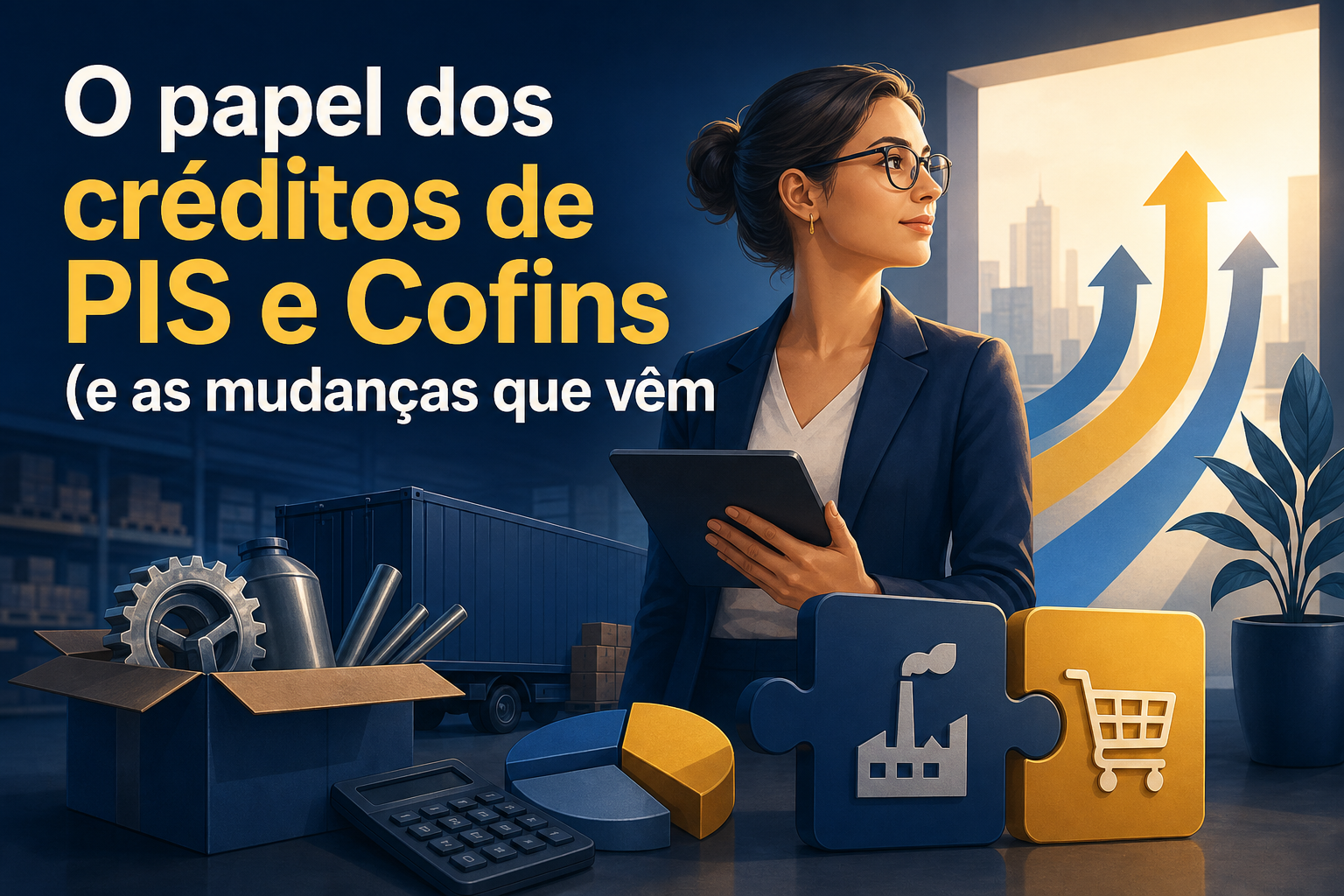 Uma mulher de óculos, vestindo um blazer escuro, segura um tablet e observa uma janela com gráficos ascendentes. Ao seu lado, há ícones de uma fábrica, um carrinho de compras, uma calculadora e uma caixa com ferramentas.
