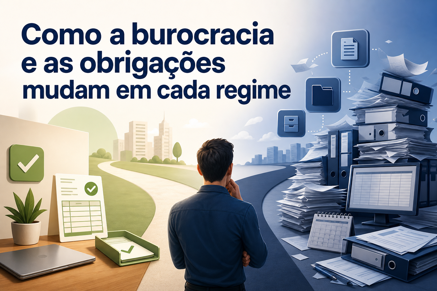 A imagem mostra um homem de costas, pensativo, olhando para um caminho que se bifurca. À esquerda, há uma mesa com documentos organizados e, à direita, uma pilha desorganizada de papéis e pastas.