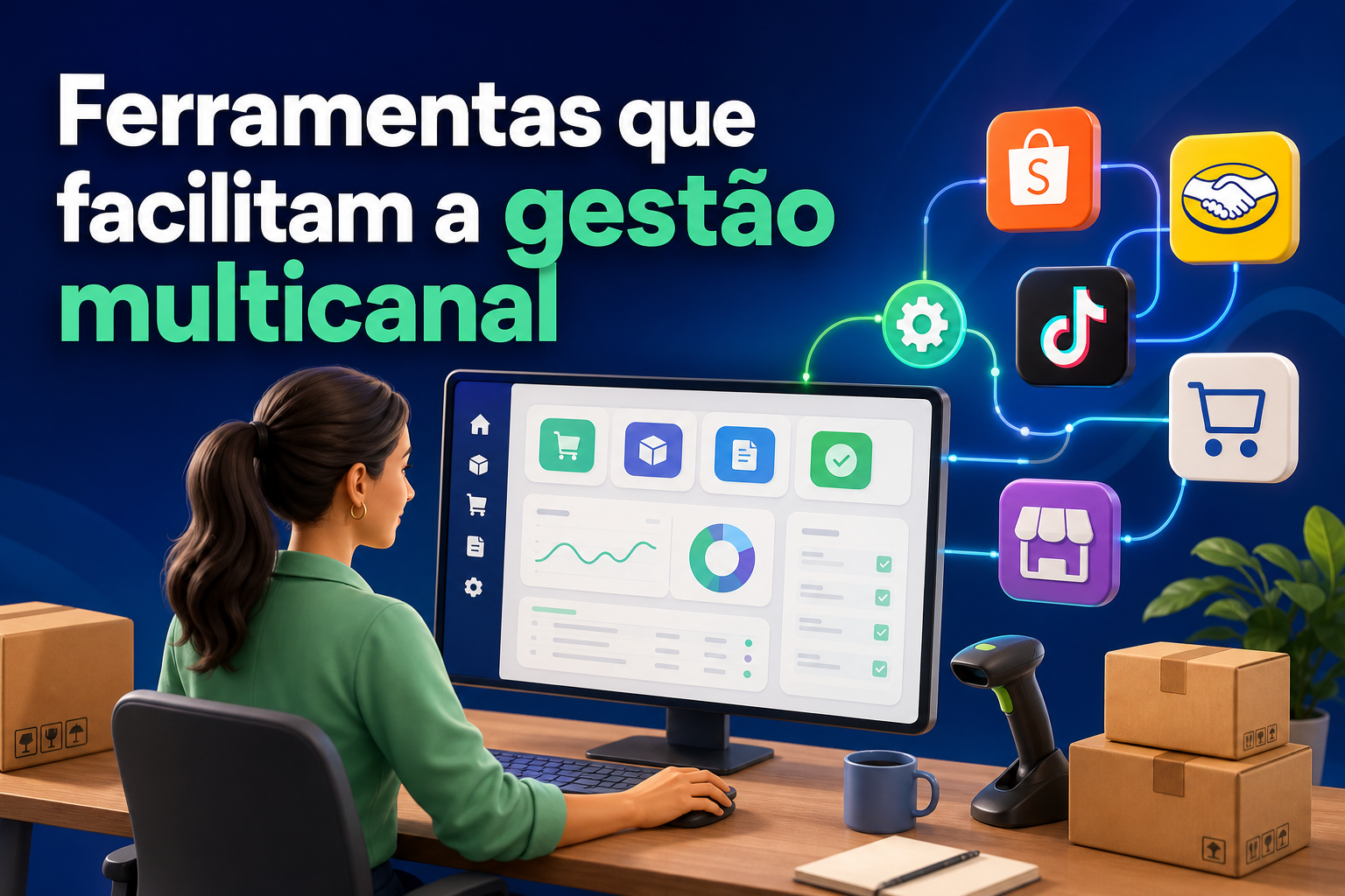 Uma mulher sentada em frente a um computador exibe uma interface de gestão multicanal. Ícones de diferentes plataformas estão conectados por linhas, e há caixas de papelão ao lado do monitor.