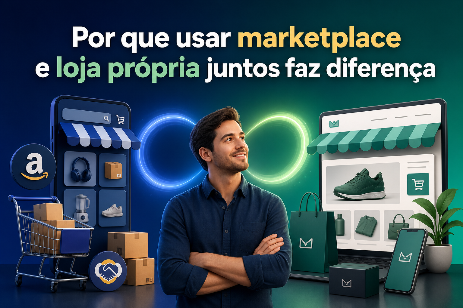 Imagem com um homem sorridente ao centro, com os braços cruzados, olhando para o lado. À esquerda, um smartphone com ícones de produtos e, à direita, uma loja virtual com itens como tênis e bolsas, além de caixas e um carrinho de compras em destaque.