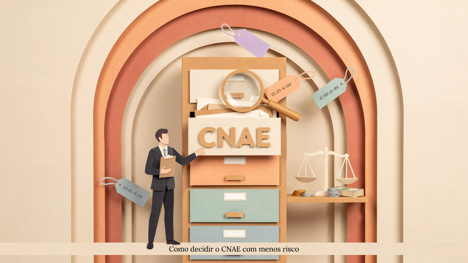 Uma figura masculina em traje formal segura uma prancheta ao lado de uma gaveta com a palavra "CNAE" em destaque. Tags com números e uma balança de justiça estão visíveis, em um fundo com arcos coloridos.