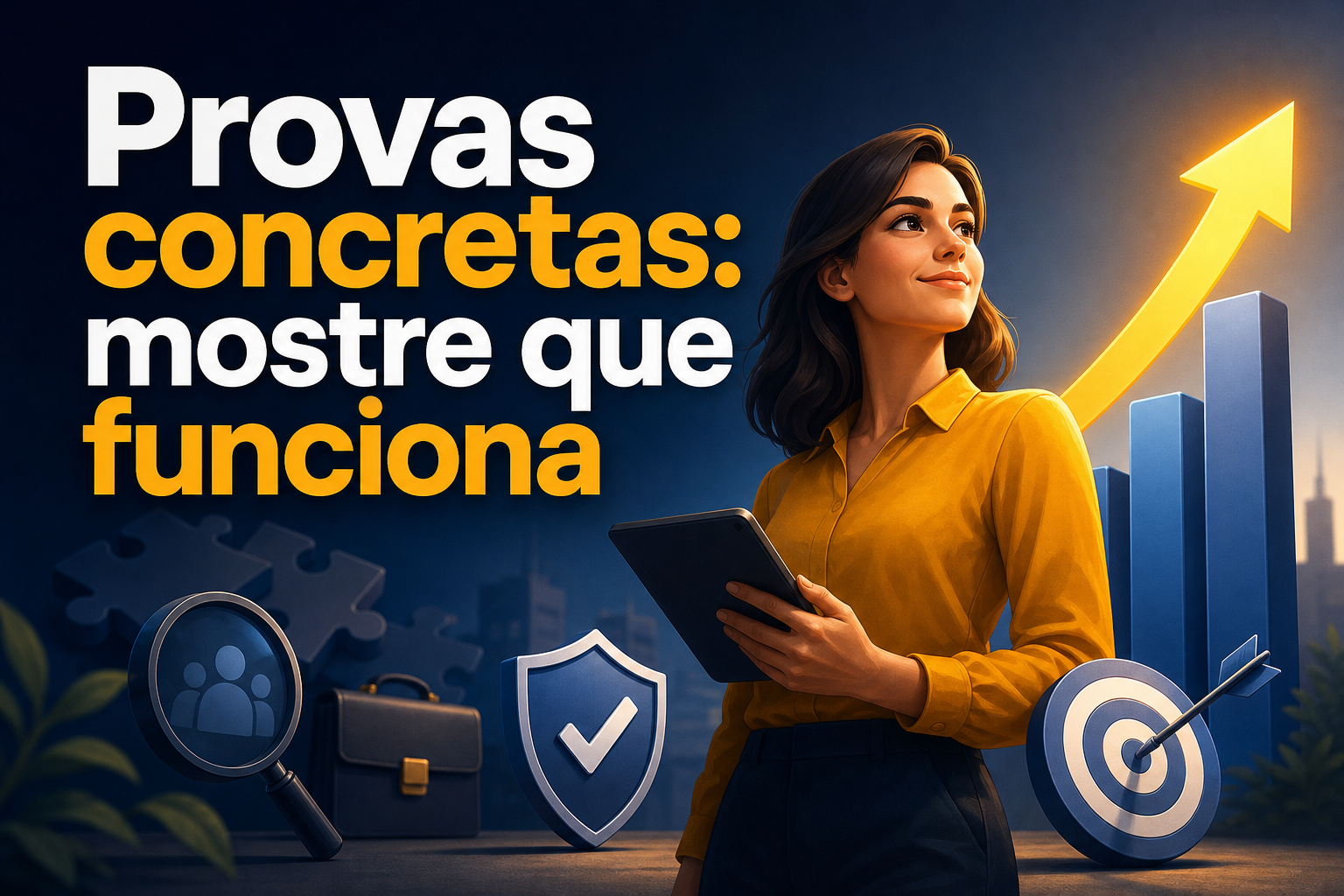 Uma mulher com cabelo solto e blusa amarela segura um tablet, olhando para cima com um sorriso. Ao fundo, gráficos de crescimento e ícones representando análise, segurança e metas.