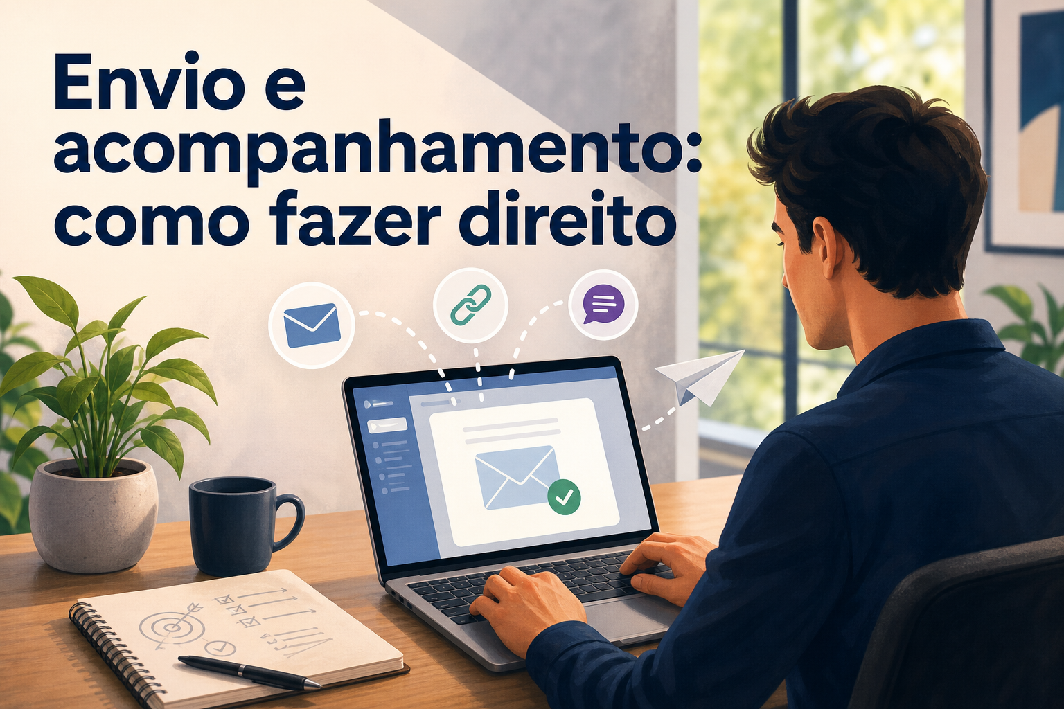 Um homem sentado em uma mesa usa um laptop, onde aparece uma tela com um ícone de e-mail e um sinal de verificação. Ao redor, há uma planta em vaso, uma caneca e um bloco de notas com anotações.