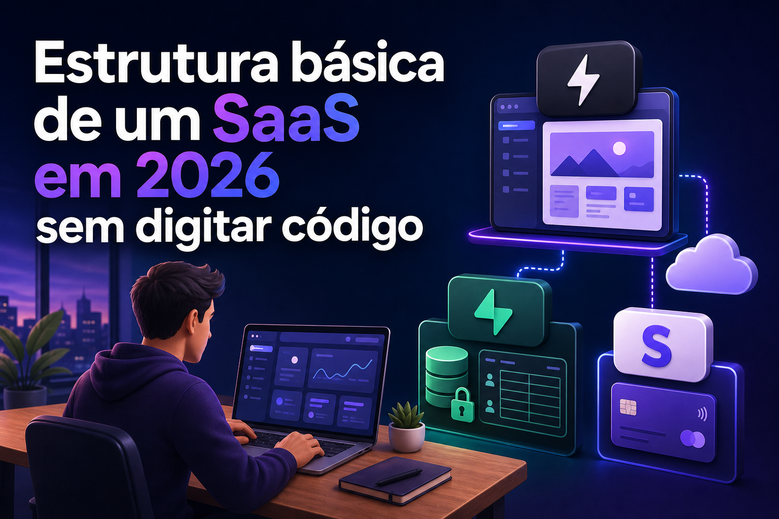 Um homem jovem, com cabelo curto e castanho, está sentado em uma mesa usando um laptop.