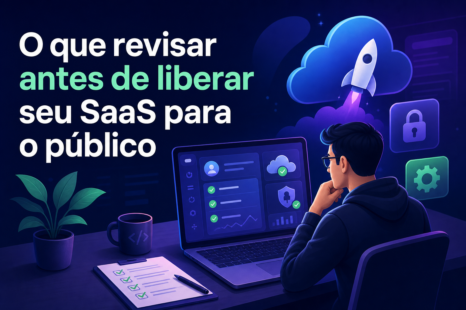 Um homem com cabelo escuro e óculos está sentado em frente a um laptop, olhando para a tela. Ao fundo, há ícones relacionados a tecnologia, como nuvens, cadeados e gráficos, além de uma planta e uma caneca na mesa.