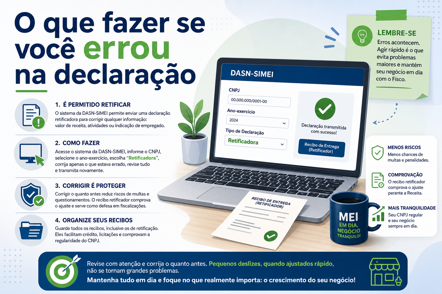 Imagem com um laptop exibindo o sistema DASN-SIMEI, onde se vê campos para CNPJ, ano-exercício e tipo de declaração. Há também uma folha com o recibo de entrega e uma planta ao lado, com texto orientando sobre como corrigir erros na declaração.