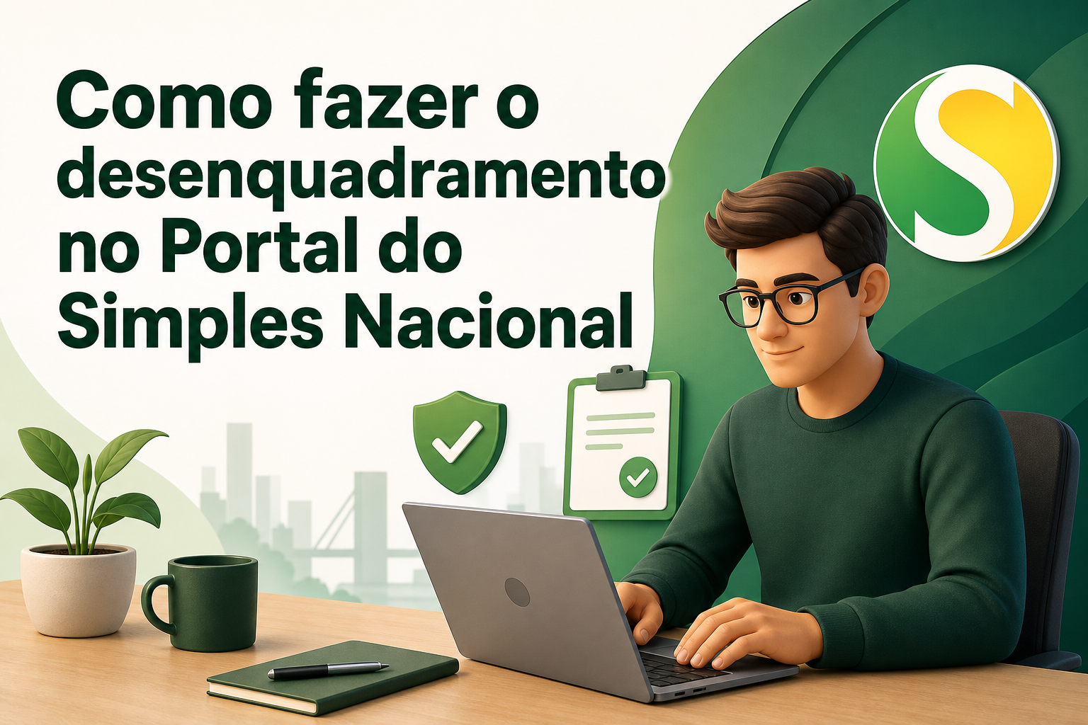 Um jovem com óculos está sentado em uma mesa, usando um laptop. Ao fundo, há elementos gráficos como uma folha verde, um ícone de check e um bloco de notas.
