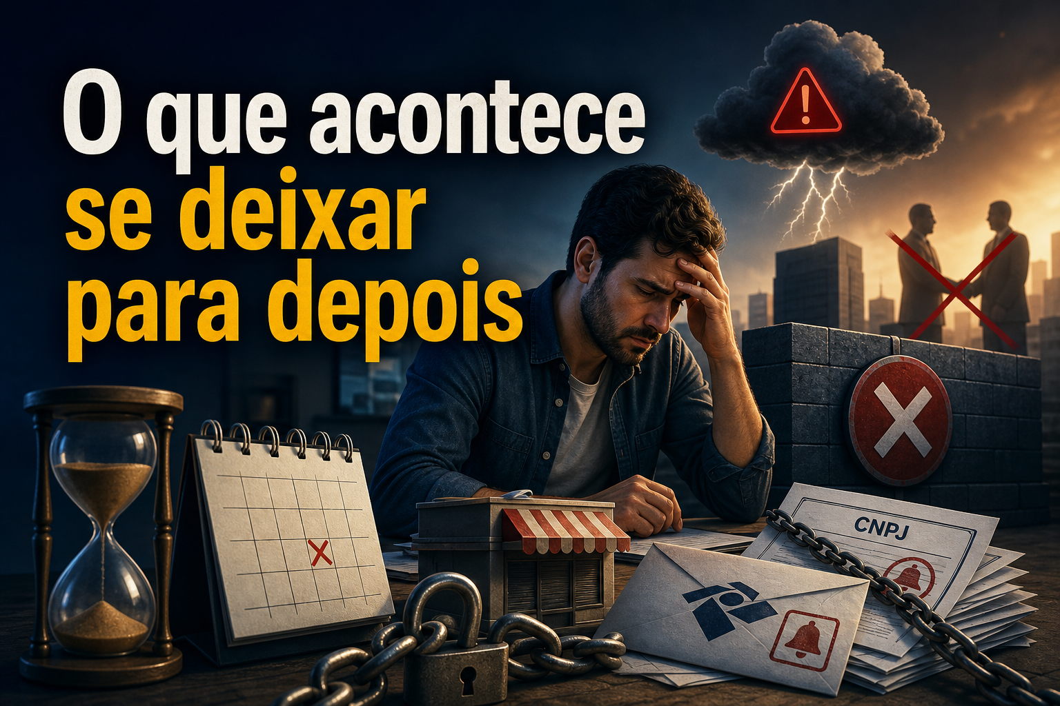 Um homem com expressão preocupada está sentado em uma mesa, cercado por documentos e um calendário com um "X". Ao fundo, nuvens escuras e símbolos de alerta indicam consequências negativas por procrastinação.