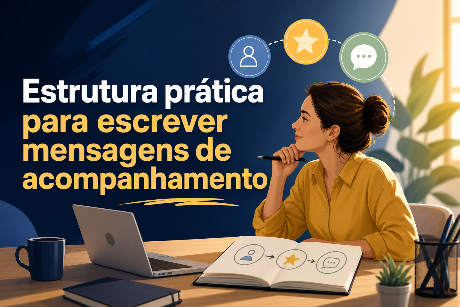 Uma mulher com blusa amarela está sentada à mesa, pensando enquanto segura uma caneta. Na mesa, há um laptop, uma caneca e um caderno aberto com ícones de usuário, estrela e balão de fala, ao fundo uma parede azul e plantas.