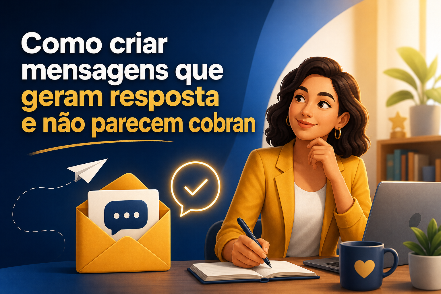 Uma mulher com cabelo cacheado e blusa amarela está escrevendo em um caderno, olhando pensativa. Ao fundo, há um computador, uma caneca e uma planta, enquanto um envelope amarelo com ícones de mensagem e um avião de papel estão em destaque.