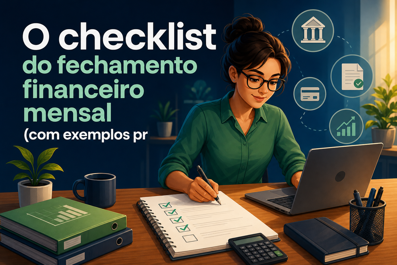 Uma mulher com cabelo preso e óculos está sentada em uma mesa, escrevendo em um caderno com uma caneta, enquanto usa um laptop. Ao fundo, há gráficos e ícones relacionados a finanças, além de pastas e uma planta em um vaso.