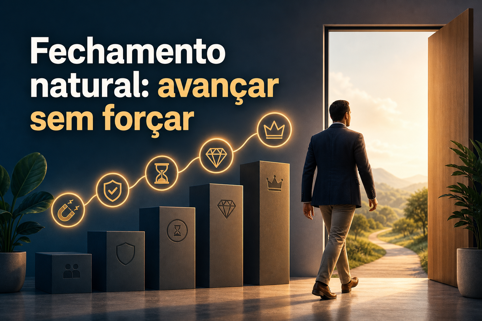 Um homem de terno está saindo por uma porta aberta, olhando para uma paisagem natural com montanhas e um caminho. Ao fundo, há colunas com ícones iluminados que representam progresso e conquistas.