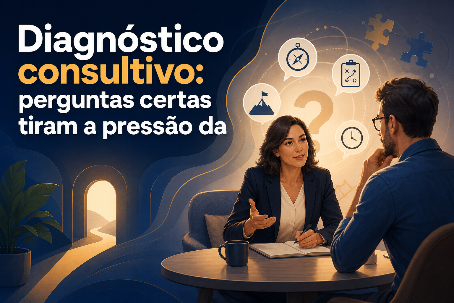 Uma mulher com cabelo ondulado, vestindo um terno escuro, fala com um homem de óculos, que está sentado à sua frente. No fundo, ícones de perguntas e símbolos relacionados a tempo e planejamento estão dispostos ao redor deles.