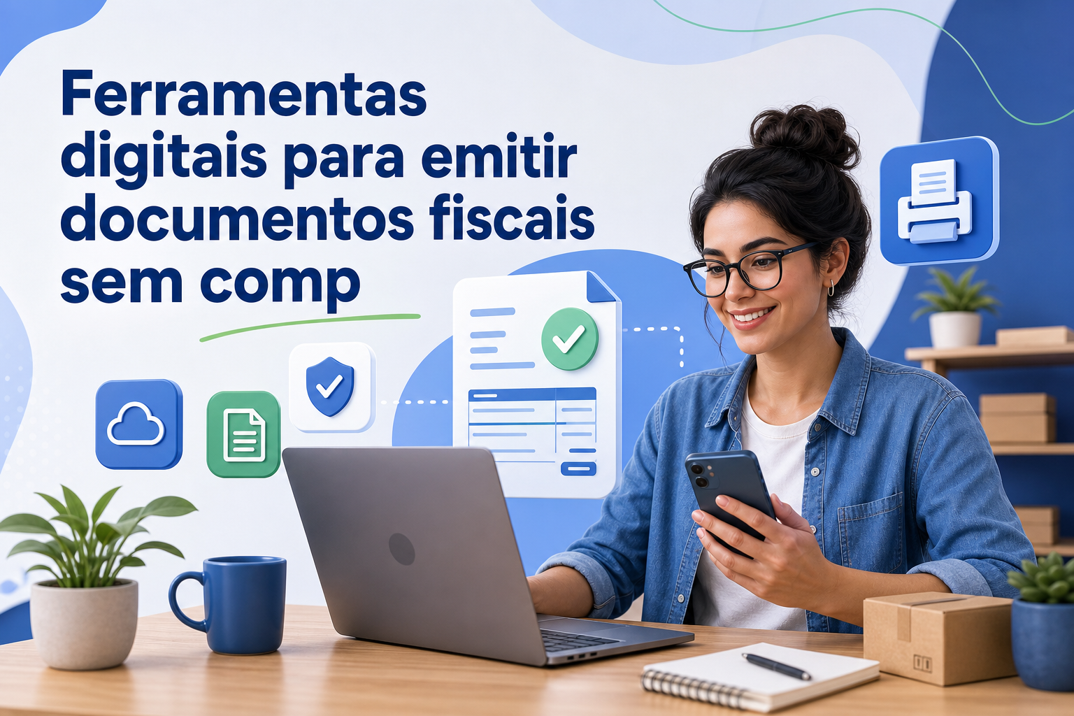 Uma mulher com óculos e cabelo preso sorri enquanto segura um celular e usa um laptop. Ao fundo, há ícones relacionados a documentos fiscais e uma parede azul com o texto "Ferramentas digitais para emitir documentos fiscais sem complicação".