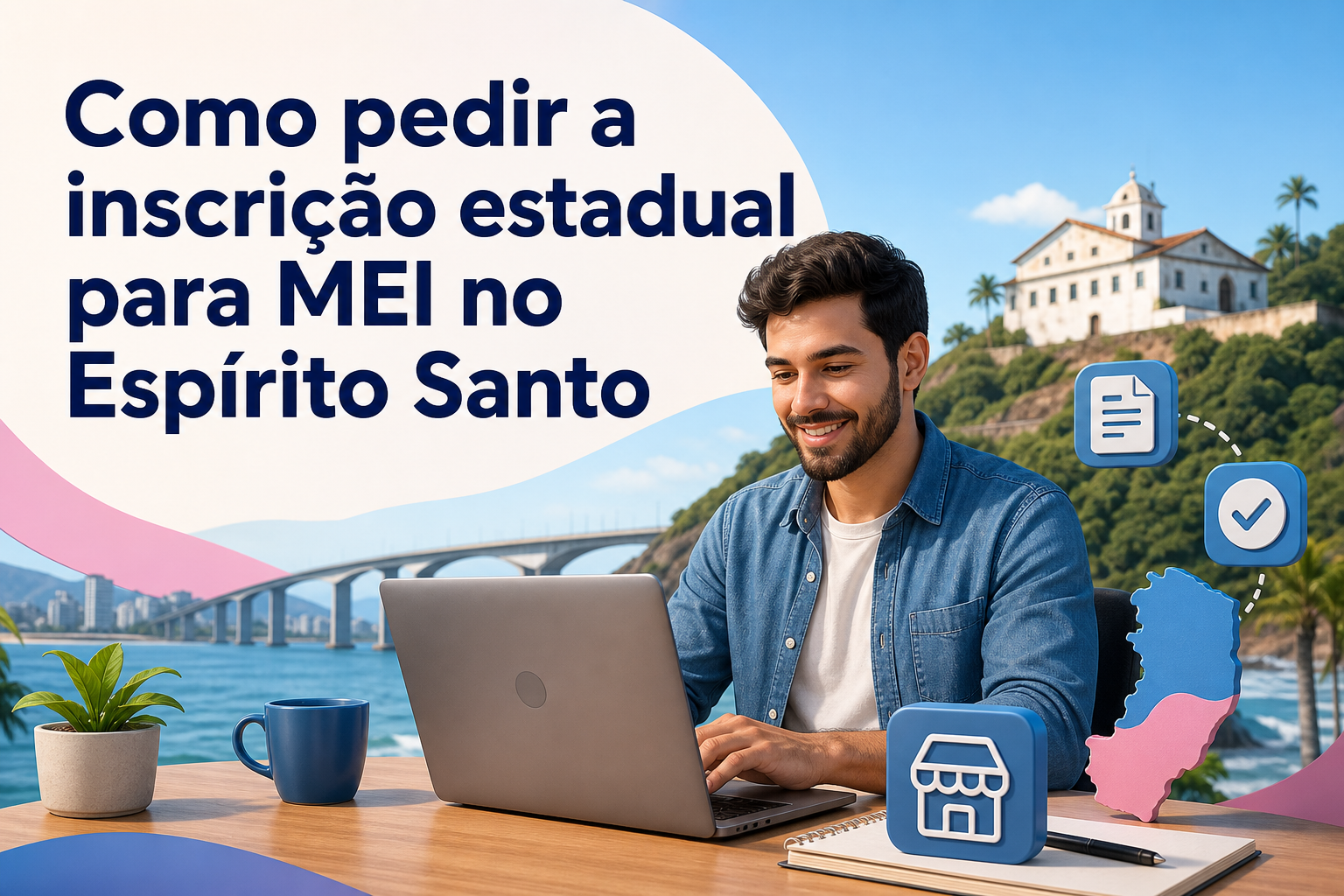 Um homem sorridente está sentado em uma mesa com um laptop, em frente a uma paisagem que inclui um rio e um edifício histórico.