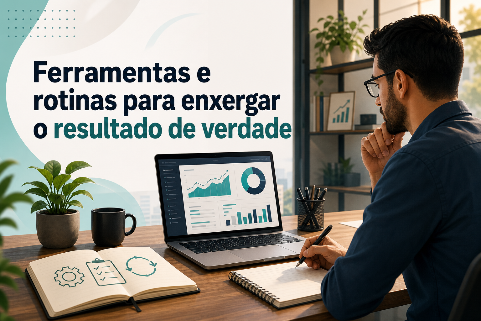 Um homem com óculos está sentado em uma mesa, olhando para um laptop que exibe gráficos e dados. Ao lado, há um caderno aberto com desenhos de engrenagens e uma lista, além de uma planta e uma caneca.