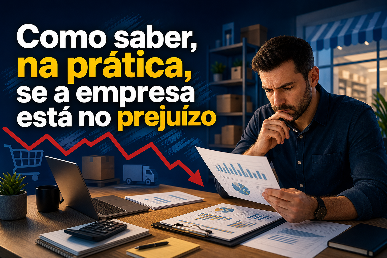 Um homem está sentado à mesa, olhando atentamente para documentos com gráficos e tabelas. Ao fundo, há uma estante com caixas e um ambiente de escritório bem iluminado.