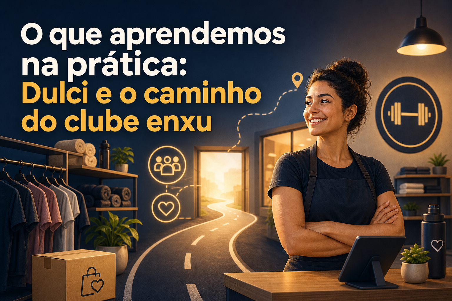 Uma mulher sorridente está em um ambiente de trabalho, com um balcão à sua frente e prateleiras ao fundo. Ao lado dela, há uma janela que mostra um caminho sinuoso e ícones relacionados a pessoas e fitness nas paredes.
