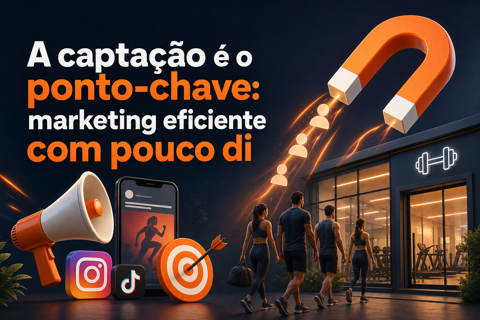 Imagem com fundo escuro, destacando um ímã laranja atraindo silhuetas de pessoas. À esquerda, há um megafone, ícones de redes sociais e um alvo, enquanto um grupo de pessoas se aproxima de uma academia iluminada.