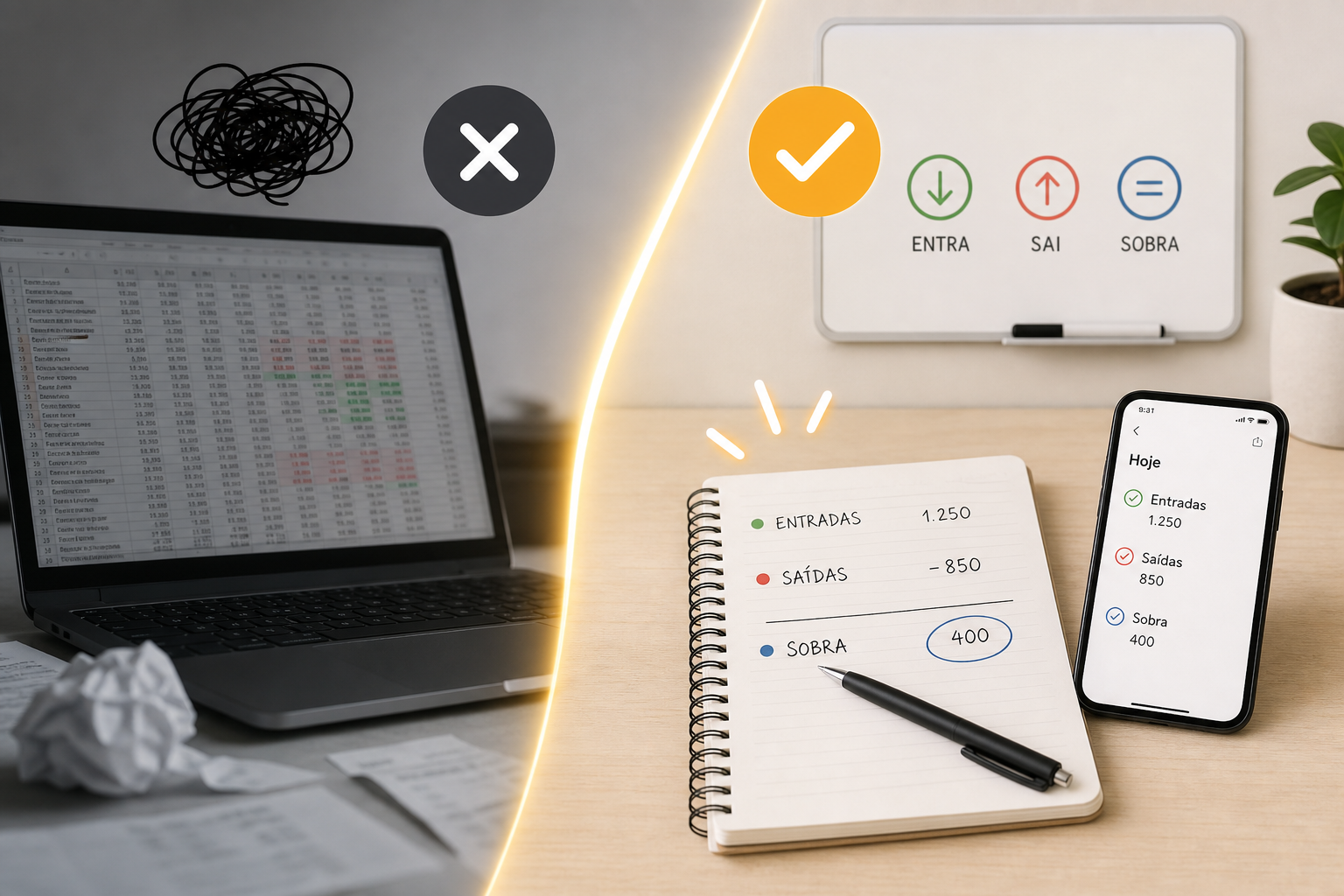 Imagem de uma planilha de fluxo de caixa exibindo células organizadas com valores e fórmulas. Ao fundo, um caderno e um quadro branco sugerem opções simples para controle financeiro.
