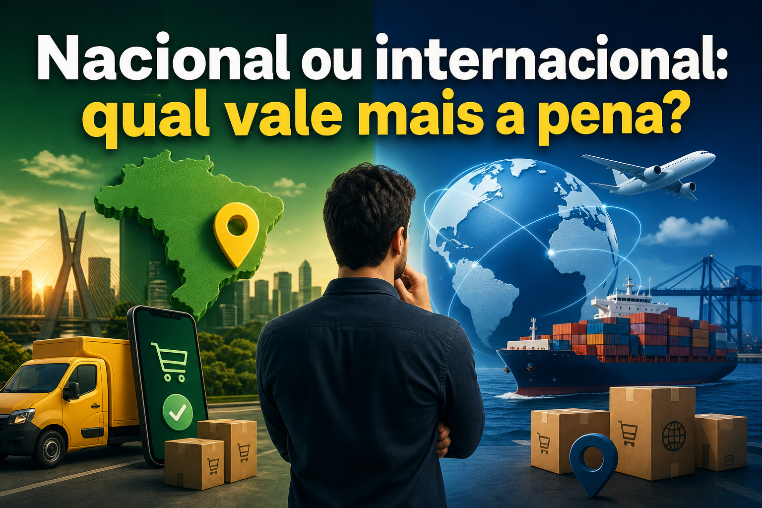Um homem está de costas, olhando para uma imagem dividida: à esquerda, um mapa do Brasil com um ícone de localização e um caminhão amarelo; à direita, um globo terrestre com um avião e um navio cargueiro, simbolizando comércio nacional e