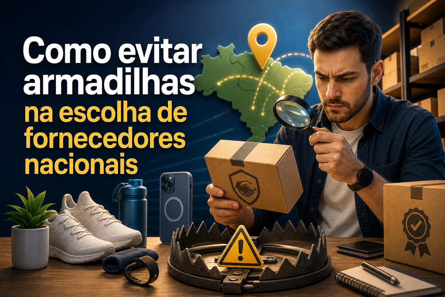 Um homem examina uma caixa com uma lupa, cercado por produtos como tênis, uma garrafa, um celular e uma armadilha com um sinal de alerta. Ao fundo, há um mapa do Brasil com um marcador de localização.