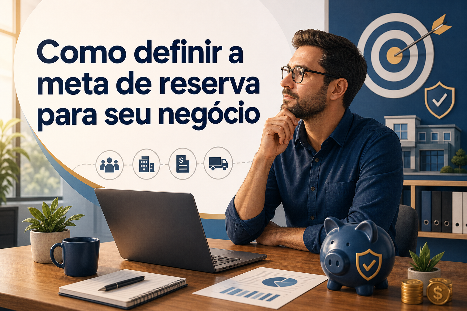 Um homem com óculos e camisa azul está pensativo, sentado à mesa com um laptop, uma caneca e um caderno. Ao fundo, há uma parede decorada com gráficos, um alvo e um cofre azul em forma de porquinho.
