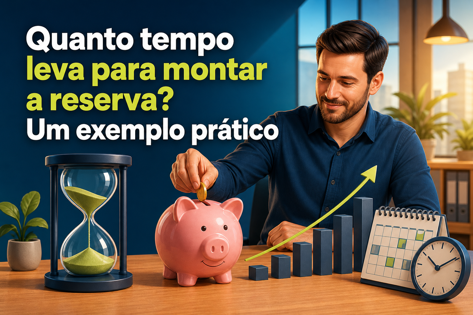 Um homem com camisa azul coloca uma moeda em um cofre em forma de porquinho, enquanto ao lado há uma ampulheta, um gráfico crescente, um calendário e um relógio. O fundo é de um escritório com janelas e plantas.